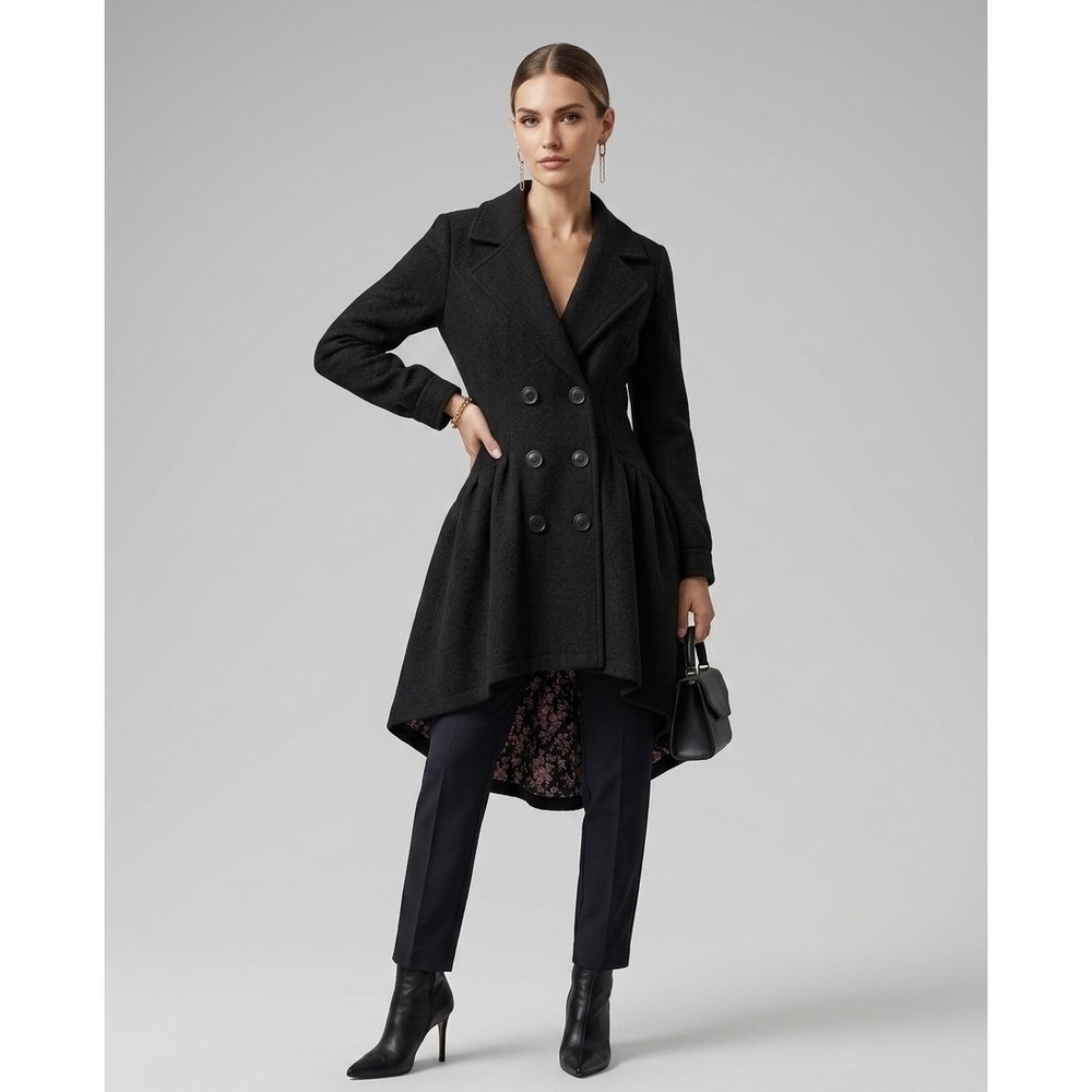 Free People Black Wool Blend Peplum Double Breasted Floral Lined Coat Size 6